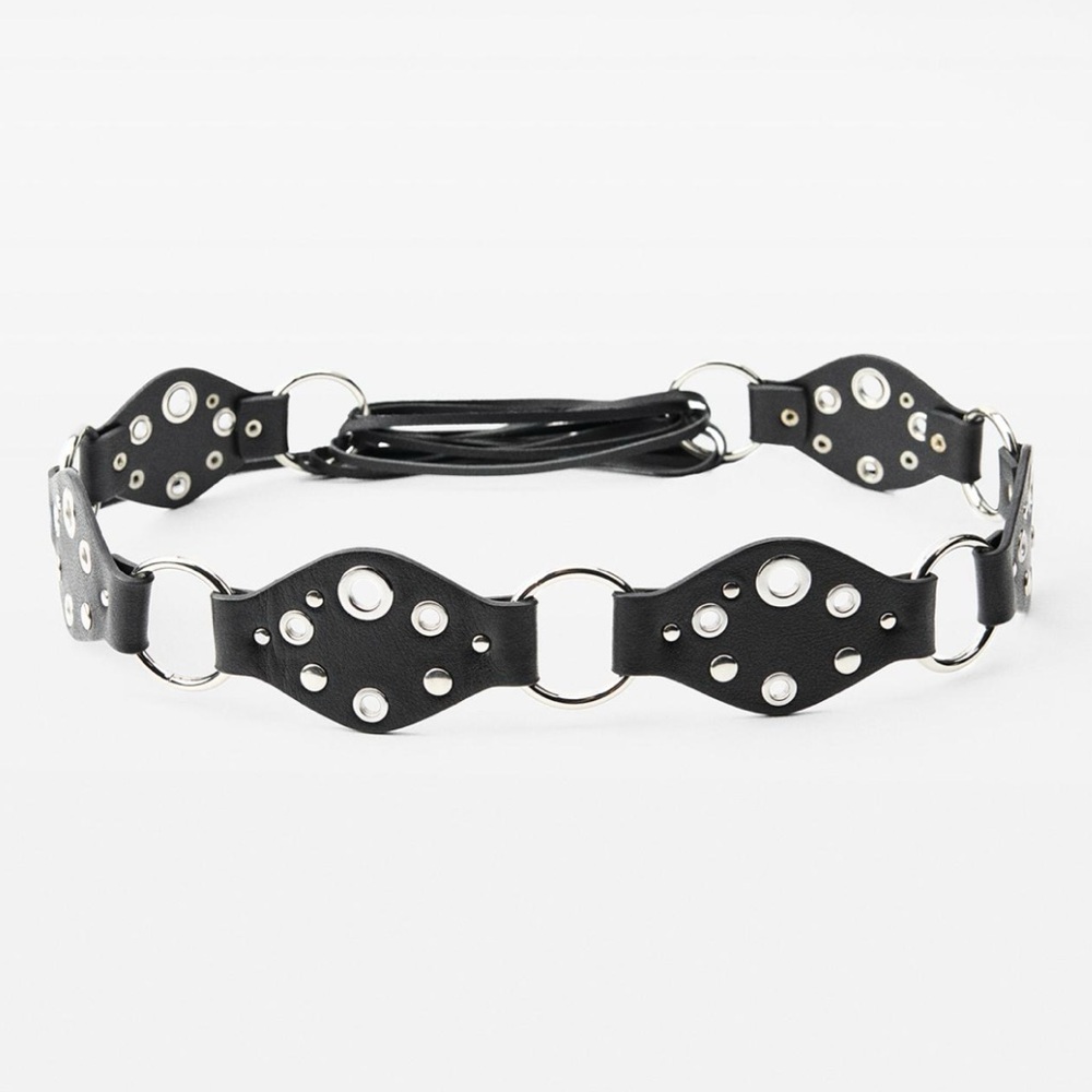 Size 32” | Zara | Chic Black Leather Belt with Silver Accent